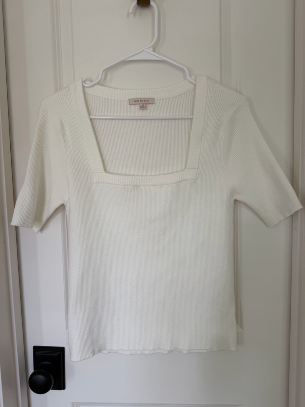 Skies Are Blue Cream Square-Neck Short Sleeve Ribbed Top